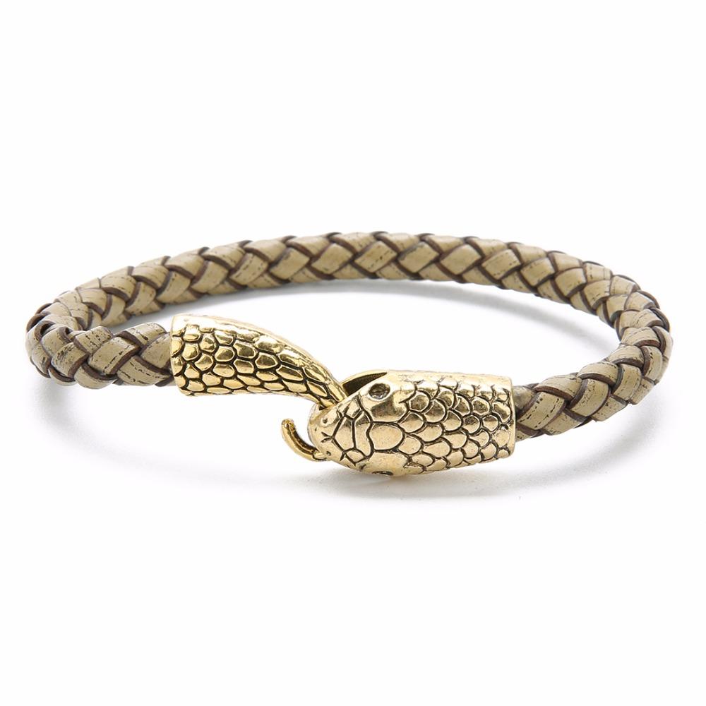Vintage Silver Color Snake Easy-Hook Leather Bracelets Men Viking Jewelry Black Brown Braid Bracelet Charms Bangle 2019