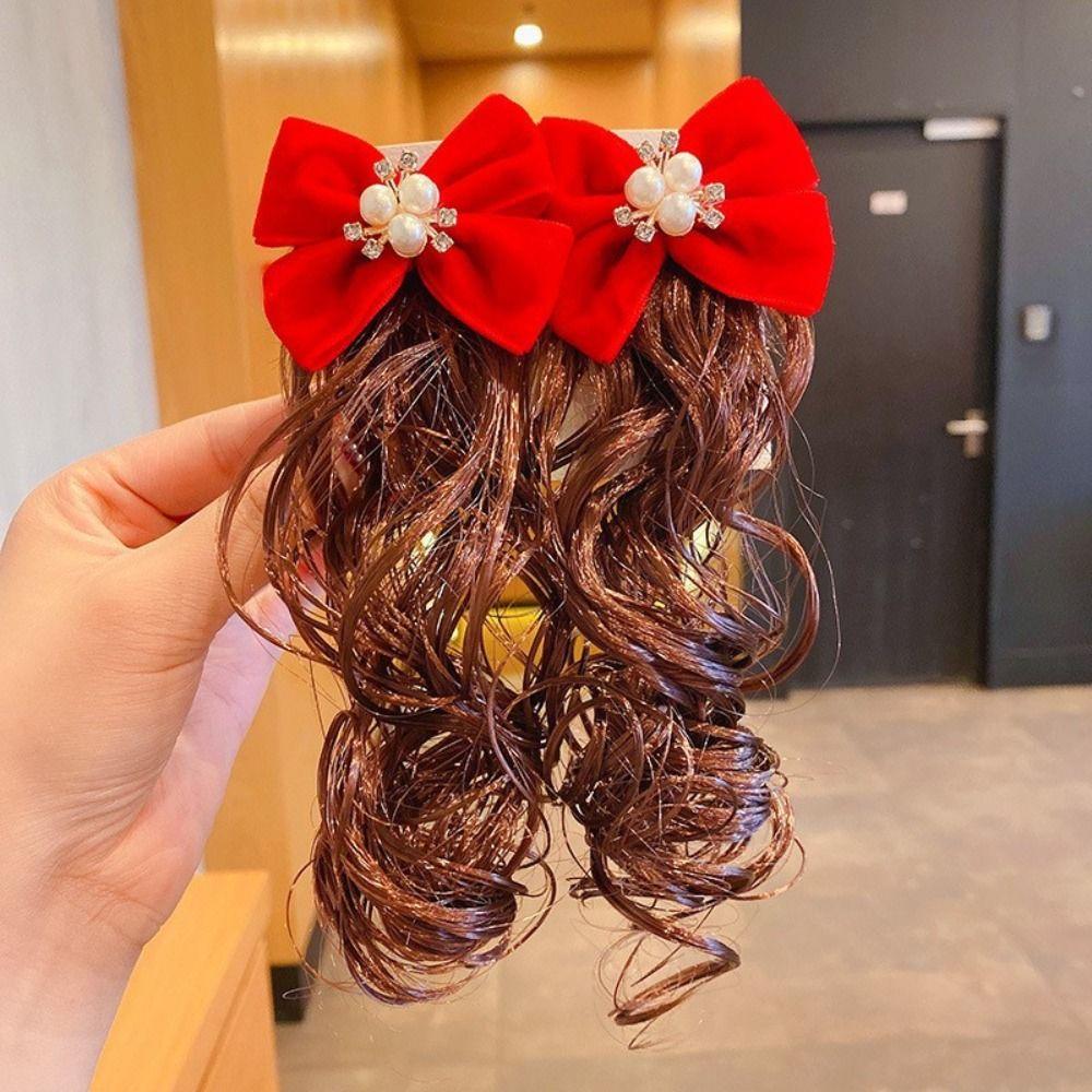 2pcs Chinese Style Baby Wig Hairpin Cute Red Bowknot Hairclip Children's Bow Wig  New Year Festive