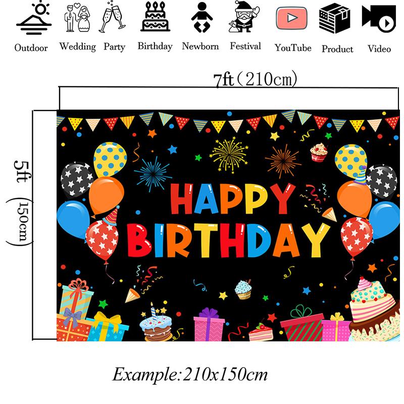 Mocsicka Colorful Happy Birthday Backdrop Black Tapestry Balloon Gift Cake Photography Background Party Decor Photo Booth Banner