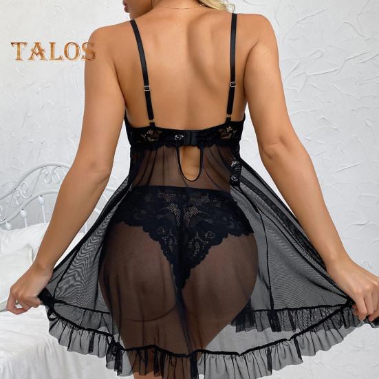 2 Pcs/Set Nightdress Panties Set Hollow Out Lace V Neck Spaghetti Strap See-through Mesh Ruffle Bow High Waist Underpants Set