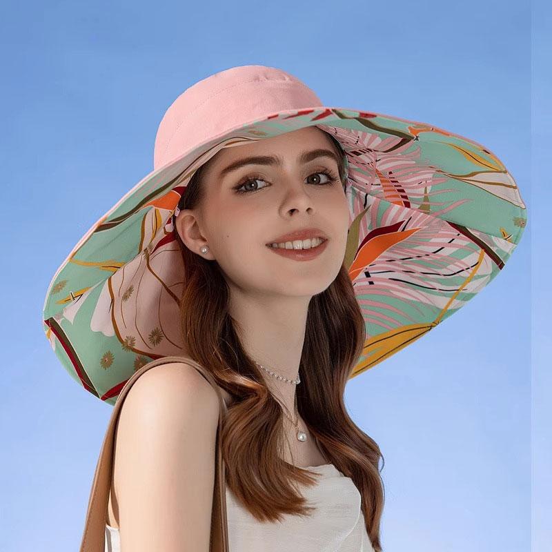 Women Sun Hat Wide Brim UV Sun Protection Summer Spring Hat Reversible Double-Side-Wear Beach Hat Foldable Bucket Cap