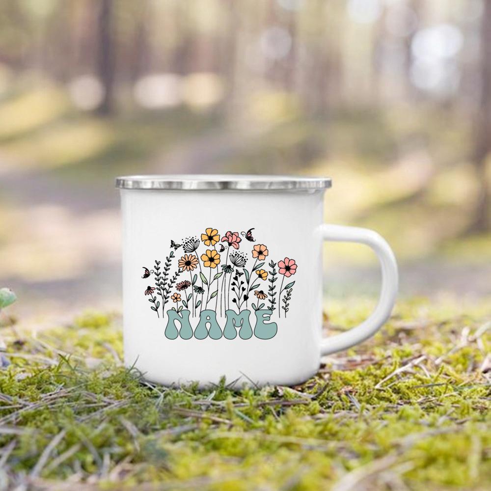 Personalised Flower with Name Coffee Cup Drinks Water Mug Custom Enamel Camping Mug Outdoor Cups Festive Birthday Gift for Her