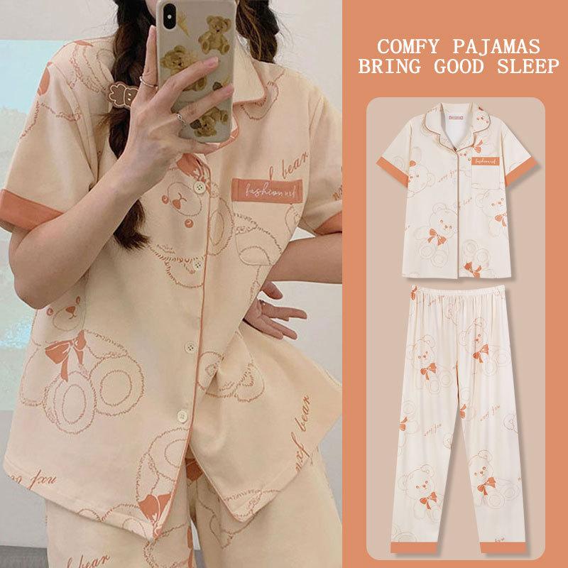 Japanese Kitty Cat Pajamas Women's Summer Thin Short-sleeved Trousers Loose Plus Size Girl Raw Loungewear Set