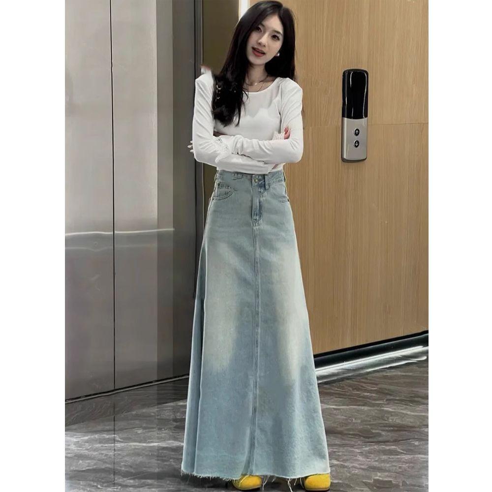 

Юбка джинсовая с высокой талией Joker Swing Женская Новинка Ранней Осени Свободная Облегающая Фигуру Узкая С необработанным краем Платье S