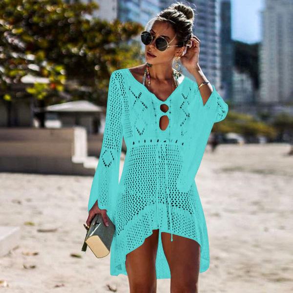 

Летнее женское сексуальное вязаное пляжное платье с открытыми плечами и солнцезащитным кремом One Size циан