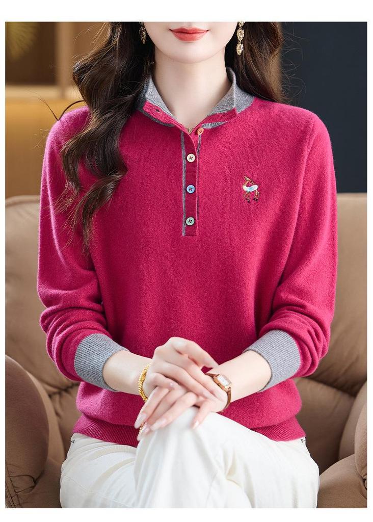 Hengyuanxiang Women's Pure Wool Round Neck Long Sleeve Sweater - Stylish Loose Knitwear for Mom