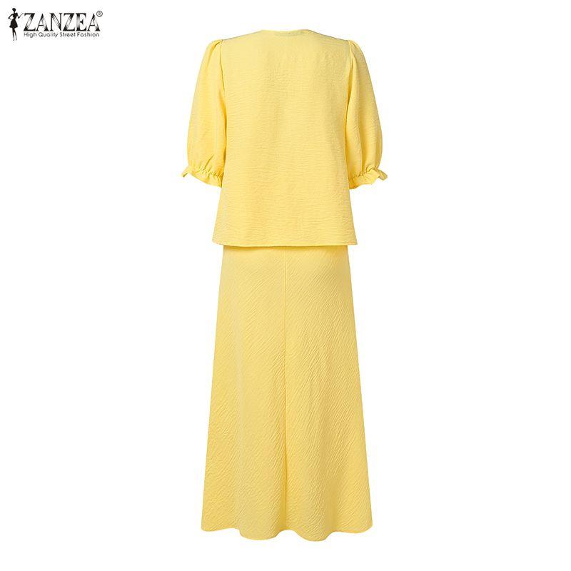 ZANZEA Women Elegant Two Piece Skirt Sets Puff Sleeve Tie Front V Neck Peplum Tops and Long Skirt Beachwear Suits