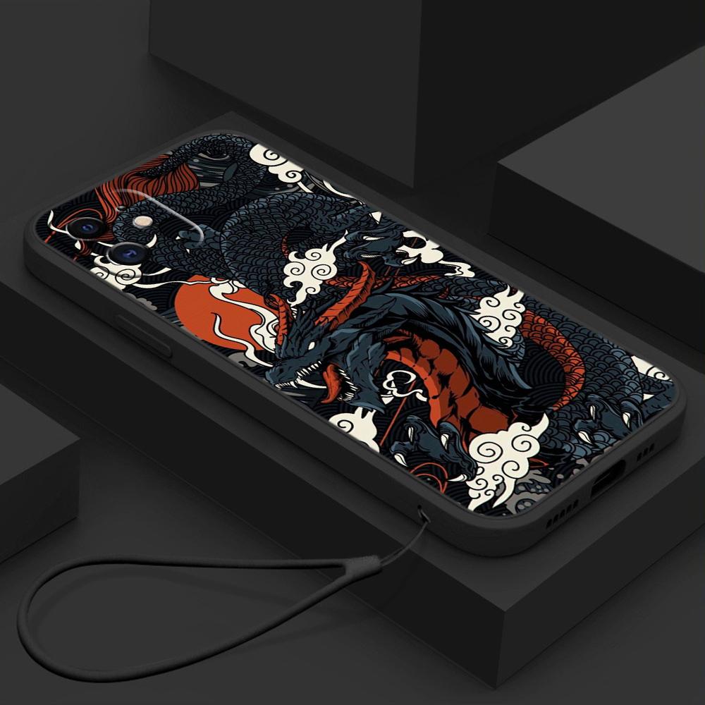 Samsung Galaxy A14 A24 A23 A13 A53 A54 A34 S23 FE for iPhone 11 12 13 14 15 Pro Max Soft Straight Edge Telefonveske Med snordeksel A33 Dragon design