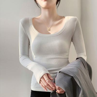 Cotton U-neck Base Shirt for Women Long-sleeved T-shirt Autumn and Winter New Round Neck Sexy Slim Slim Versatile Top