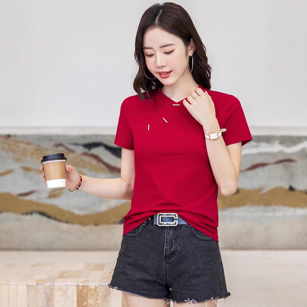 Enhanced Slim Fit Minimalist Cotton T-Shirt with Chinese and Korean Style Buttons - Short Sleeve Women's Top
