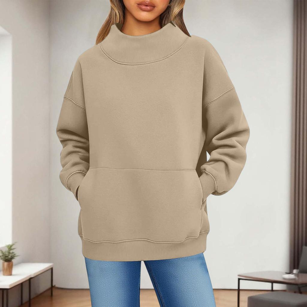 Damen Modisch Lässig Einfarbig Rundhals Langarm Tasche Sportlich Lässig Pullover Sweatshirt Top