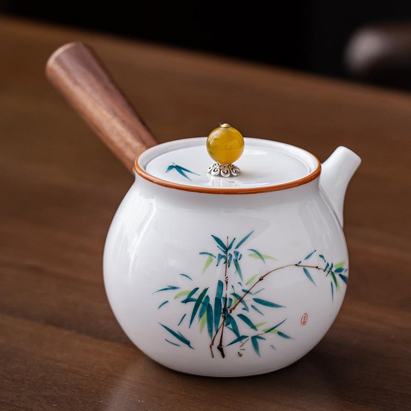 Hand-painted Mutton Fat Jade White Porcelain Teapot Single Pot Hand with Handle Side Handle Teapot Xishi Pot Kung Fu Tea Set Tea