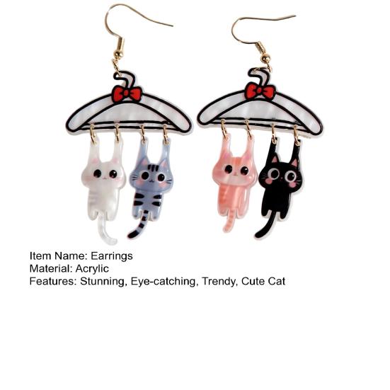 Novelty Cartoon Cat Drops 1 Pair Cute Dangle Drop Earrings for Women, 2D Acrylic Kitten Playful Accessory Gift Hang on Clothes Hanger Earrings, Funny