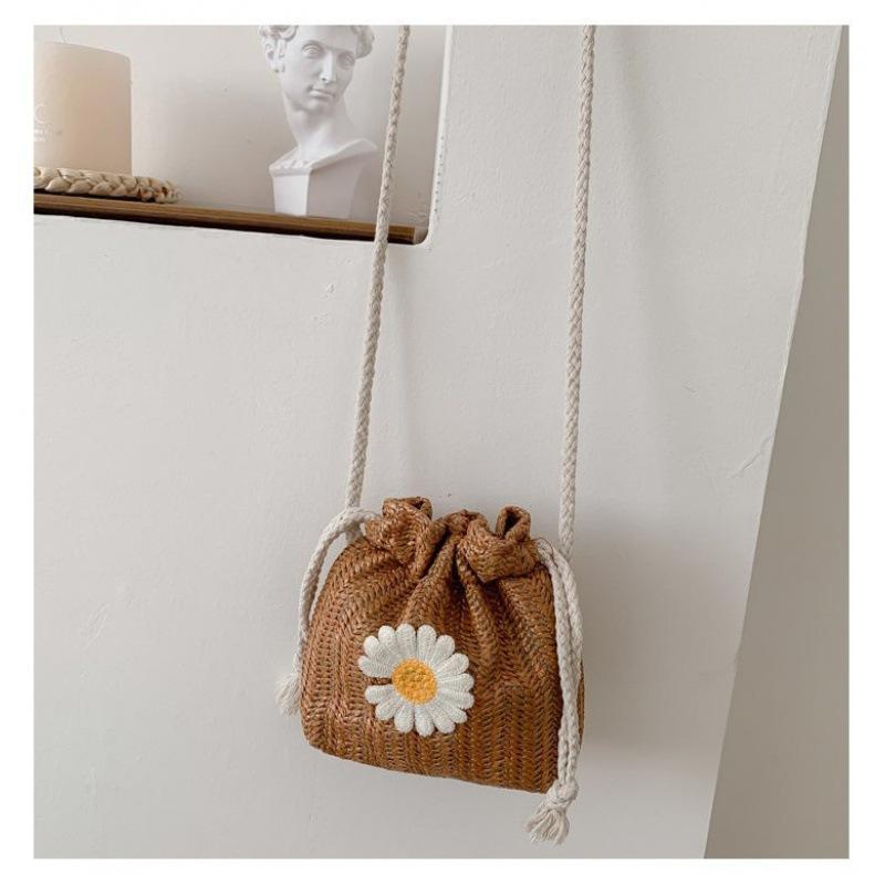 Woven Bag Women'S Trendy Fashion Lace Versatile Drawstring Bucket Bag One Shoulder Crossbody Straw Woven Bag