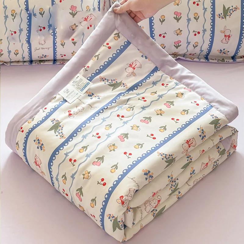 Fashion Flower Print Cool Blanket for Summer Light Skin Friendly Air Conditioner Comforter Single Double Bed Home Decor Quilt