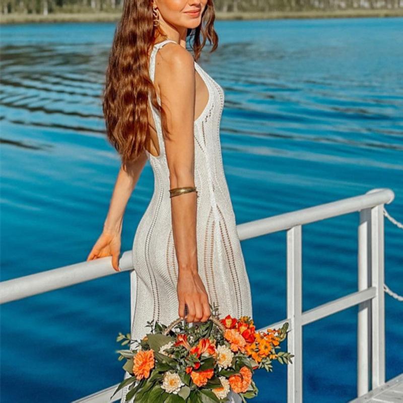 Women's Hollow Out Long Sleeveless Dress Crochet Swim Cover Up Summer Mesh Beach Dress Bikini Coverup Vacation Backless Dresses for Women