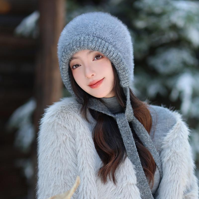 Hat Women's Windproof Warm Thickened Knitted Wool Hat Fashion Versatile Casual Big Head Ear Protector