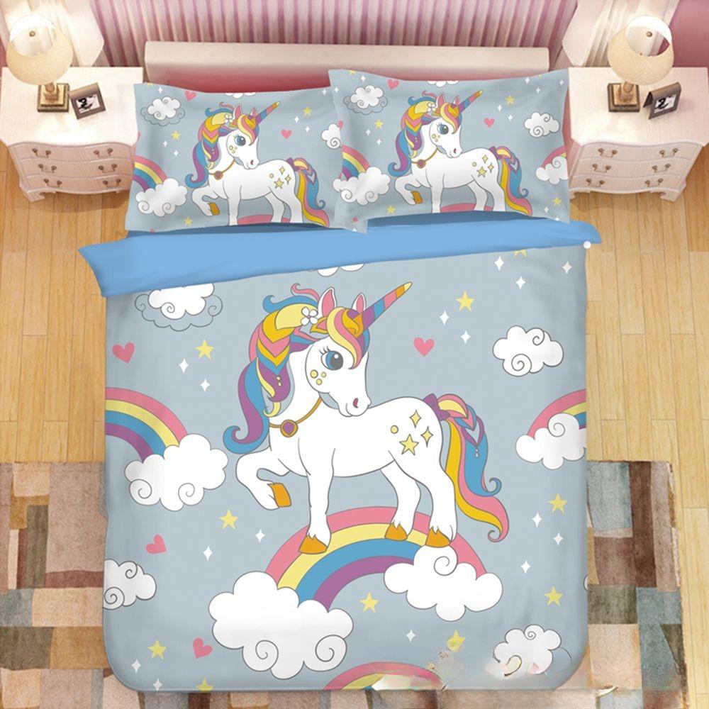 03 Rainbow Unicorn Bedding Set,Cartoon Unicorn Duvet Cover 3D Print,Children Boys Girls Quilt Cover Pillowcase King Queen Size