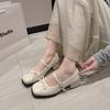 Bow Mary Jane shoes women's 2025 new spring French silver single shoes thick heel high heels beautiful small leather shoes