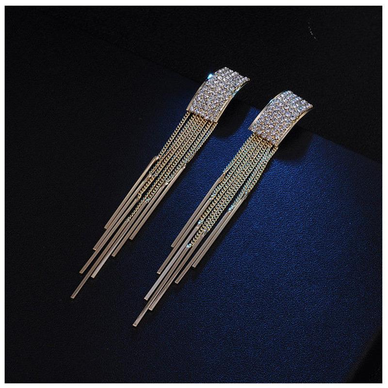 New Gold Color Long Crystal Tassel Clip On Earrings Without Piercing  for Women Wedding Brinco Fashion Jewelry Gifts