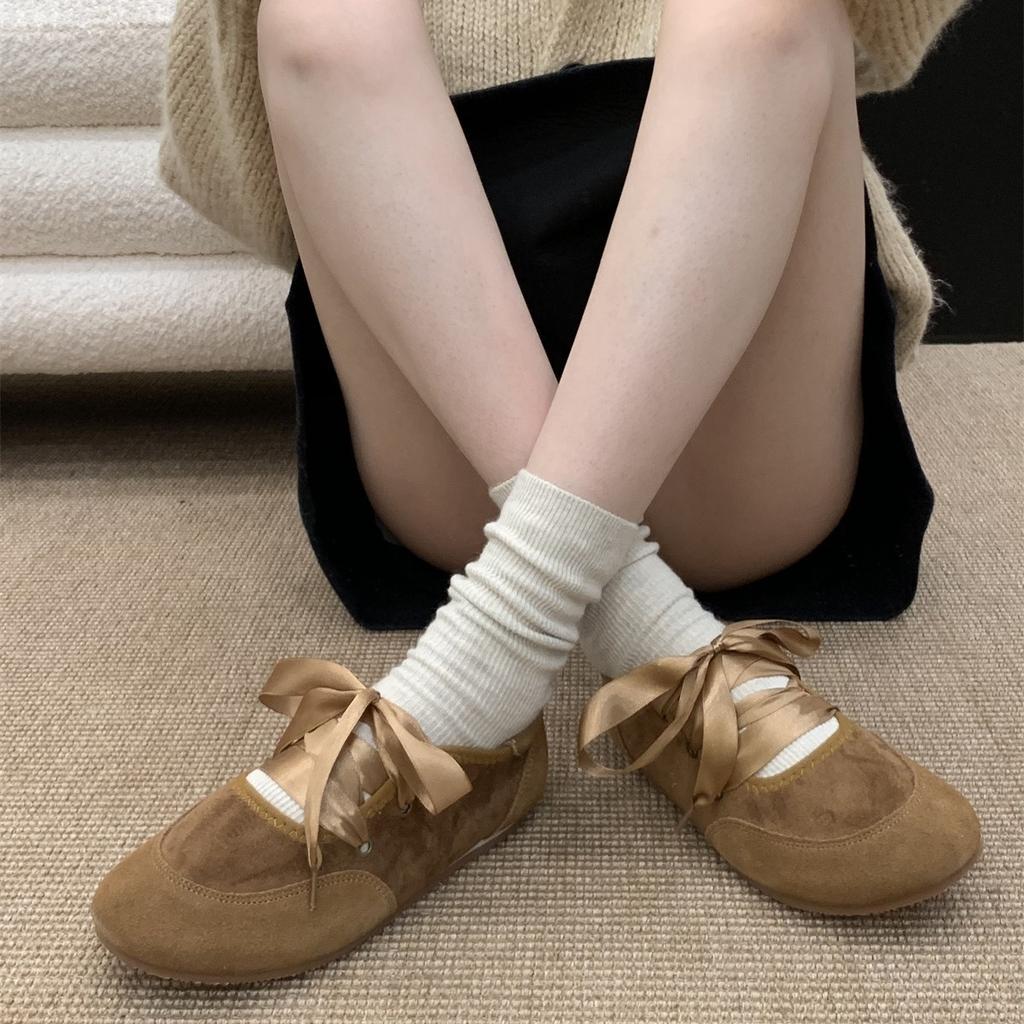 French retro style bow satin shoelaces ballet shoes Mary Jane shoes soft flat comfortable soft leather single shoes women