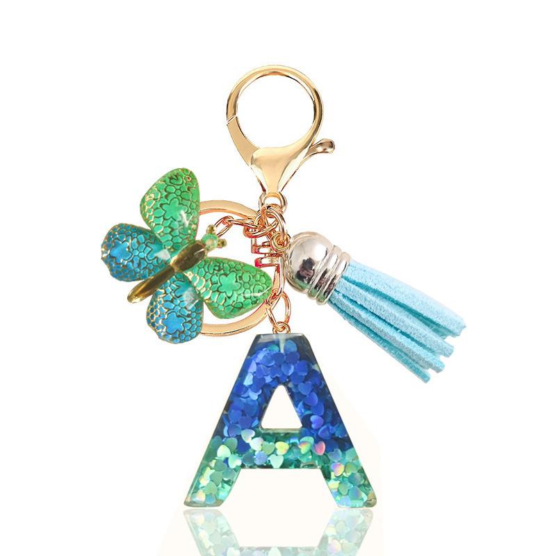 Fashion Blue Glazed Stone A To Z Letter Keychain 26 Initials Alphabet Butterfly Tassel Pendant Car Key Chain Women Jewelry GIfts