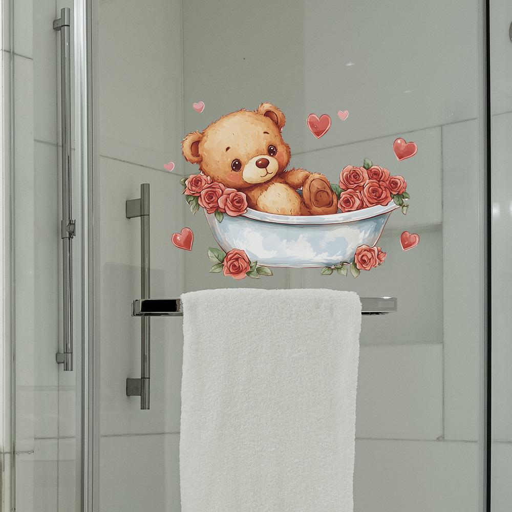 Bathtub Bear Roses Bathroom Bathroom Home Background Beautification Decoration Wall Stickers
