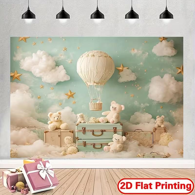 2D Teddy Bear Hot Air Balloon Backdrop Mint Green Cloud Baby Shower Photography Background