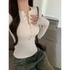 2025 New Spring and Autumn Long Sleeve Inner Women T-Shirt Tight Slim Fit Office Women's Bottom Shirt Basic solid color O Neck Skinny Button Top
