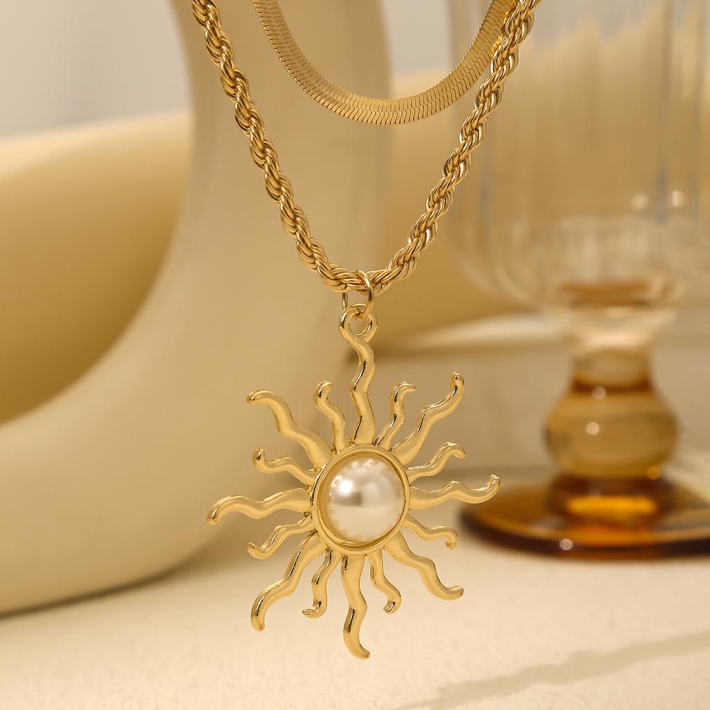 Women Two Layer Pearl Sunflower Pendant Necklace