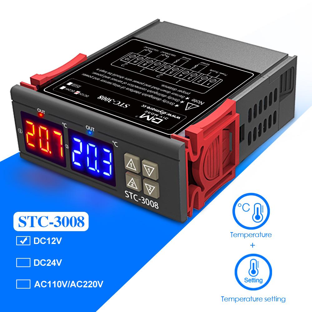 STC-3008 Dual Display Two Way Temperature Controller DC12V/24V AC110-220V Temperature Regulator NTC Dual Probe
