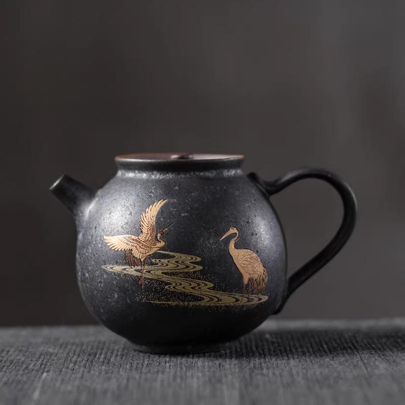 Silver-spotted Black Ceramic Teapot Rough Pottery Small Crane Pot Retro Household Ceramic Kung Fu Tea Set