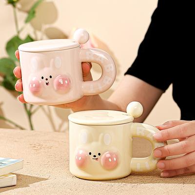 Relief Niedlicher Hasenbecher mit Deckel Stil Nischendesign Sinn Niedliche Karte Keramiktasse Kreative Wassertasse Kaffeetasse Haushaltsgebrauch