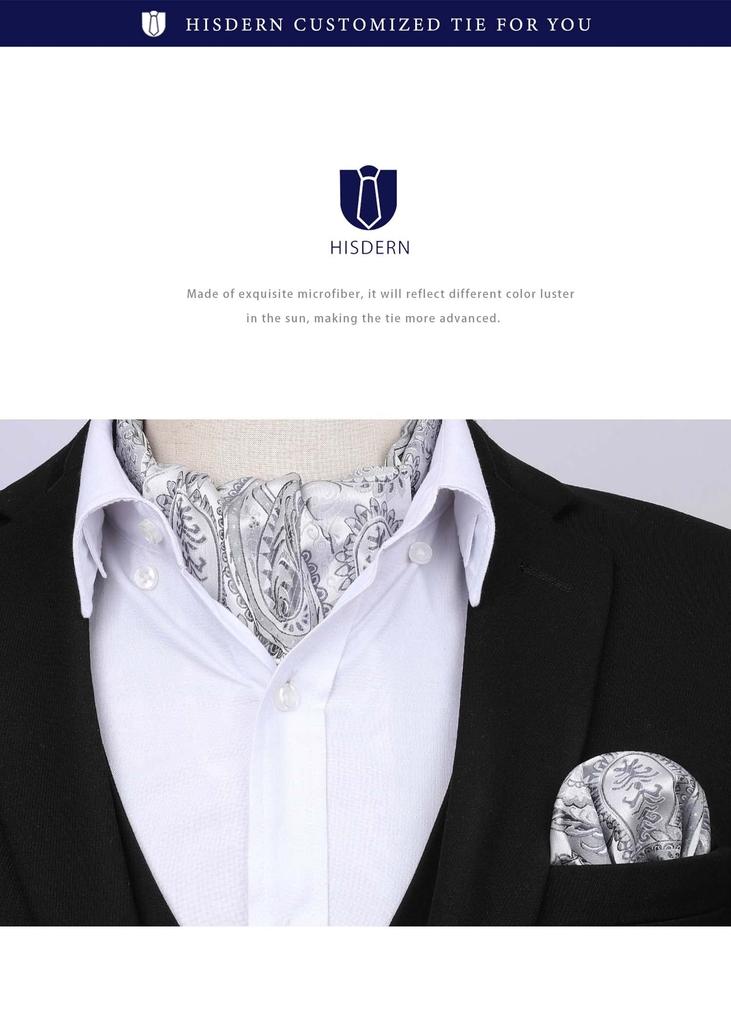 [HISDERN] Ascot Tie Men's Silk Silver Light Gray Neck Scarf Wedding Formal Scarf Stylish Paisley Pattern Men's Gentleman RC-04S