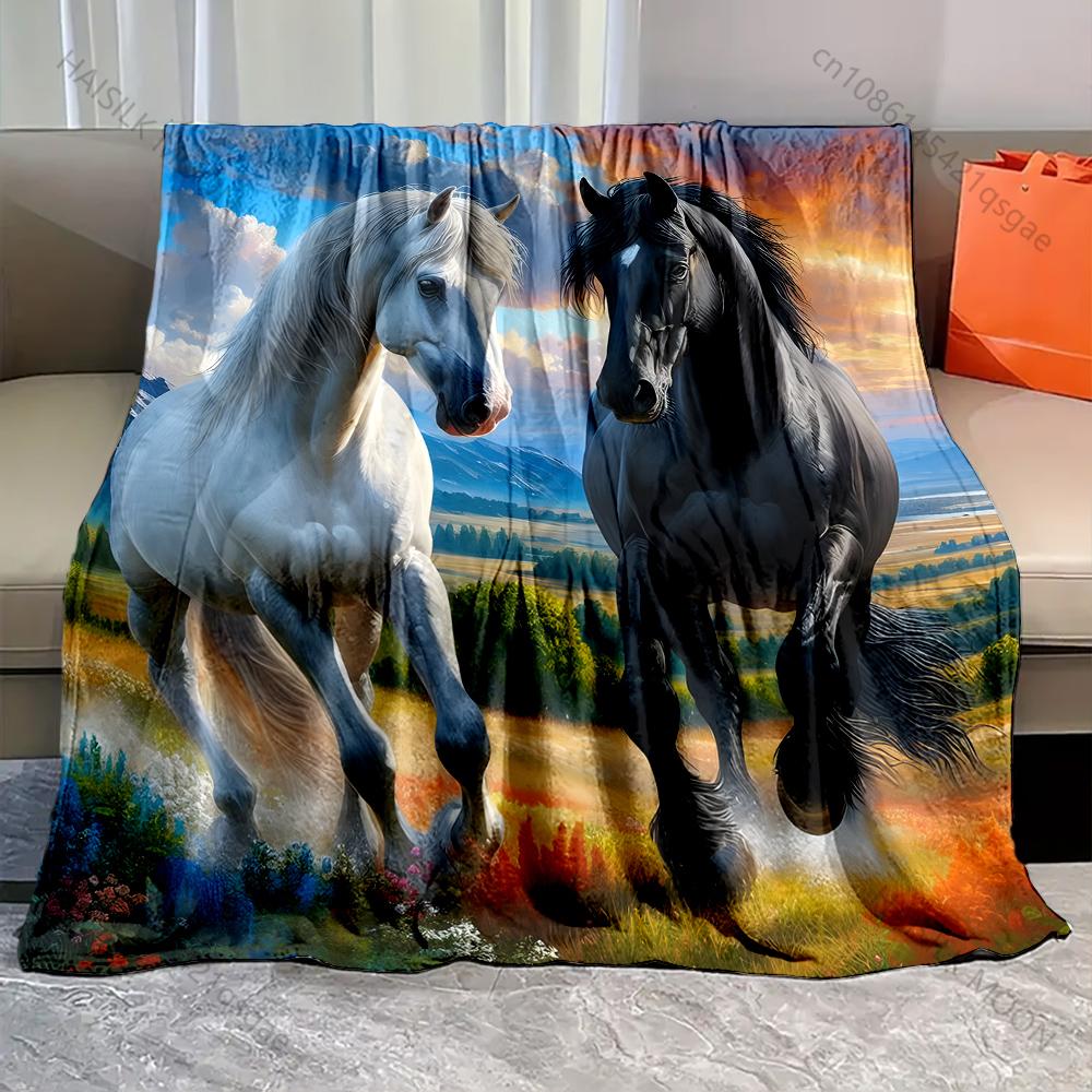 

Black Horse and White Horse Running Blanket Warm Soft Luxury Gift for Child Adults Suitable for Home Sofa Bed Travel Camping 75x100cm