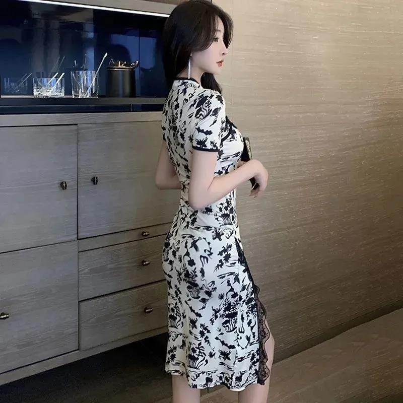 Cheongsam Damen Sommer verbessert leicht Französisches Temperament Retro Erste Liebe Taille Schlank Spitze Hüfte Druck Kleid