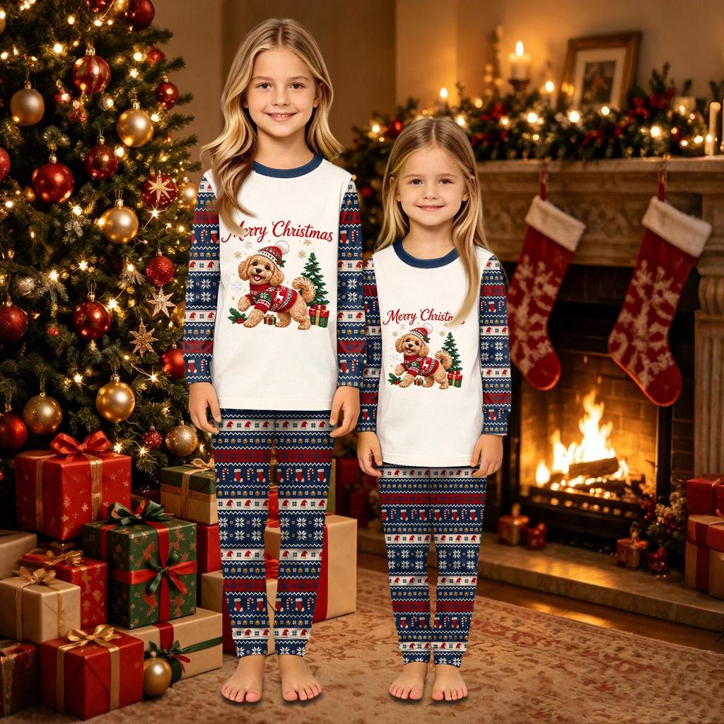 Family Matching Christmas Print Round Neck Long Sleeve Top and Pants Loungewear Set for Parent and Child