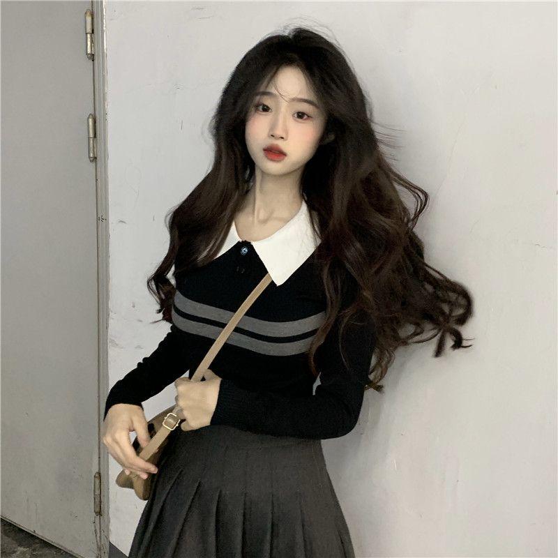 Damen Herbst Slim Fit Colorblock Gestreifter Pullover mit Polokragen