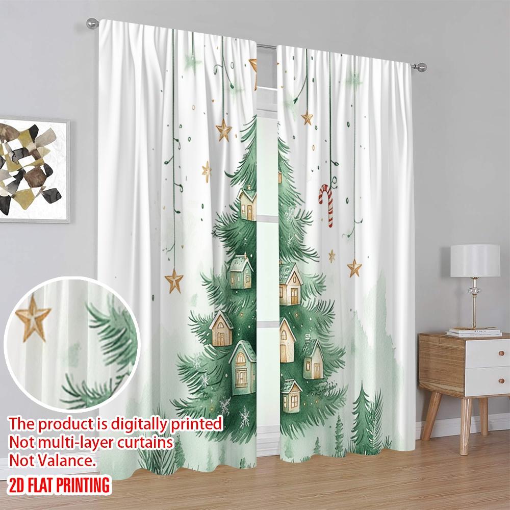 2 Stück, 2D-Flachdruck Vorhänge Weihnachtsbaum Dorf Sterne (2) Vielseitiger Stoff (ohne Stange) Festlich Ldeal für Wohnzimmer,