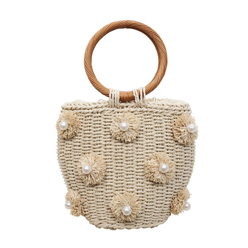 Ladies' Handbag Small Fresh Three-dimensional Flower Pearl Decoration Ring Hand-held Basket Style Women's Handbag Beach Vacation Style Woven Bag