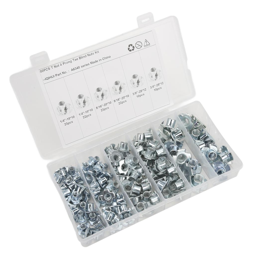 110Pcs T Nuts 1 4in 5 16in 3 8in Steel Corrosion Resistant Galvanized Rustproof Pronged Tee Nut