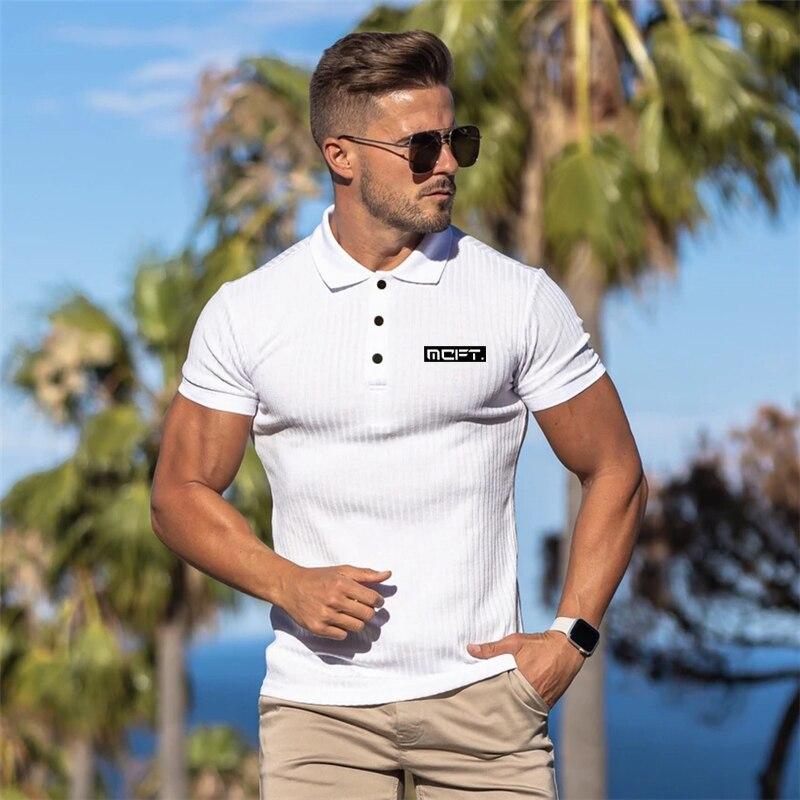 Muscleguys Men's Gym Clothes Summer Bodybuilding Comfortable Lapel Short-sleeve Youthful Printed Knitted Shirt Fashion Casual Streetwear