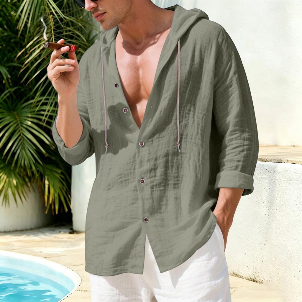 Men's Casual Linen Long Sleeve Hooded Cardigan