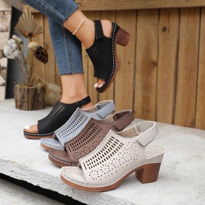 European & American Plus Size High Heel Chunky Sole Summer Sandals, Hollow Design Breathable Peep Toe.