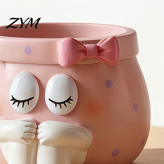 Pink Aesthetic Decor Cute Cartoon Girl Pen Holder, Resin Makeup Brush Decorative Desktop Niche Office Supplies Organizer with Bow Design, Sundries