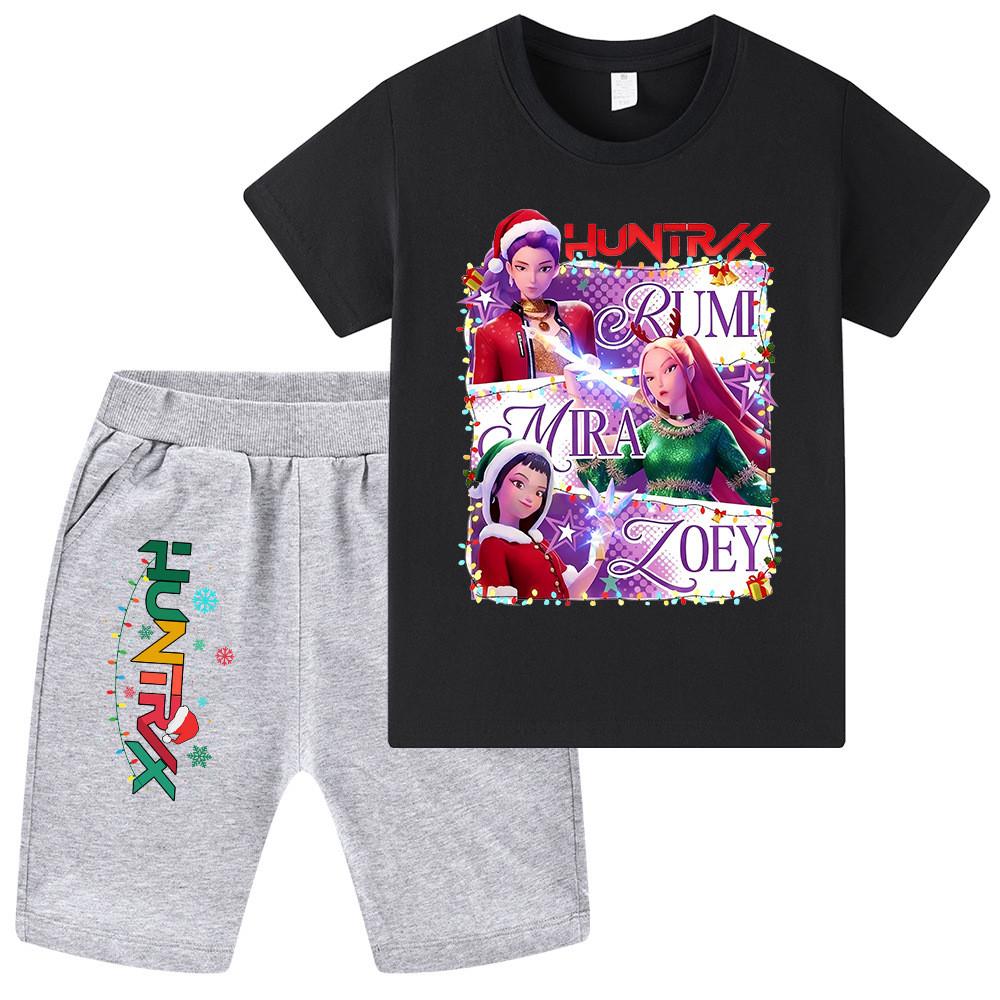 WA1265 Kids Boys Girls Kpop Rumi Zoey Mira Christmas Print Short Sleeves T-shirt Shorts Pants Sets