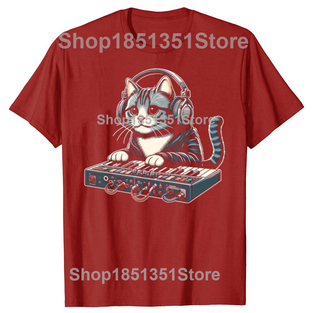 Funny Cat Synthesizer Music Synth Electro Techno Graphic Tshirts Men Fashion Casual Tshirt 100 Cotton Loose Oversized T Shirt