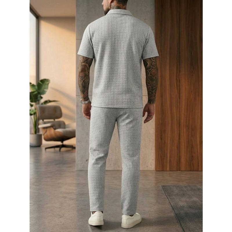 Solid Waffle Mens Casual Short Sleeve Polo Shirt And Long Pants Set