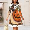 Women Plus Size Round Neck Long Sleeve Flared Dress Gothic Raven Pumpkin Rose Print Halloween Autumn Casual Dress
