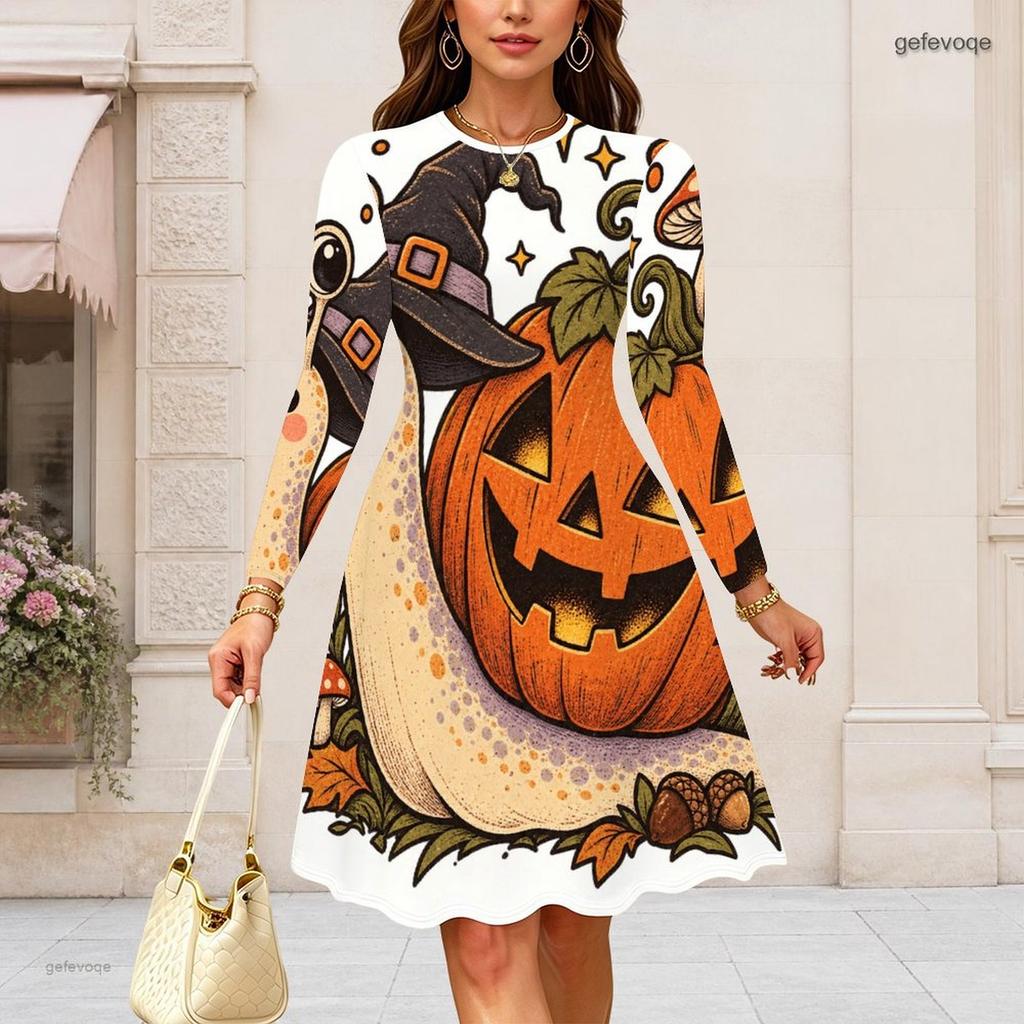 Women Plus Size Round Neck Long Sleeve Flared Dress Gothic Raven Pumpkin Rose Print Halloween Autumn Casual Dress